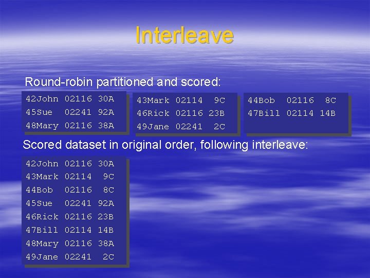 Interleave Round-robin partitioned and scored: 42 John 02116 30 A 45 Sue 02241 92