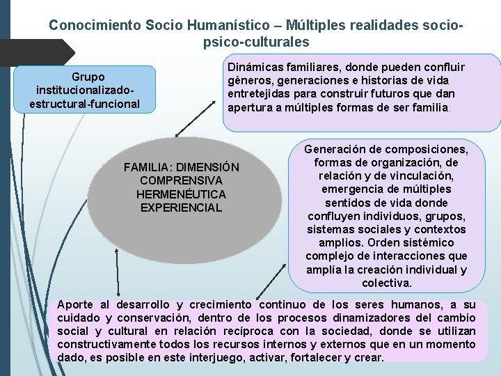 Conocimiento Socio Humanístico – Múltiples realidades sociopsico-culturales Grupo institucionalizadoestructural-funcional Dinámicas familiares, donde pueden confluir