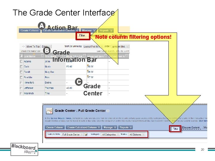 The Grade Center Interface Action Bar Note column filtering options! Grade Information Bar Grade