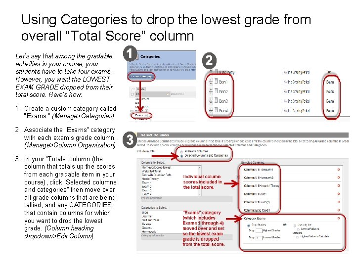 Using Categories to drop the lowest grade from overall “Total Score” column Let’s say