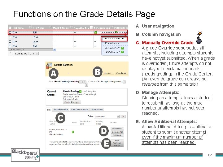 Functions on the Grade Details Page A. User navigation B. Column navigation C. Manually