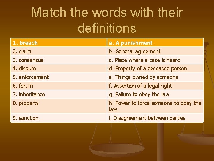 Match the words with their definitions 1. breach a. A punishment 2. claim b.