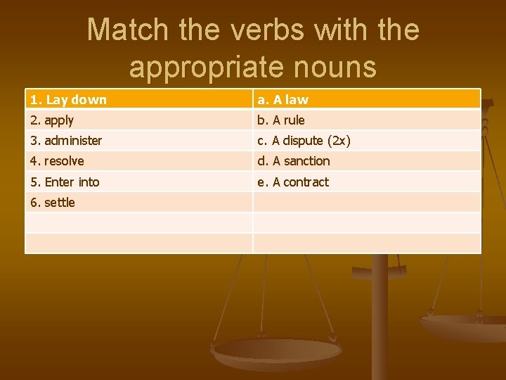Match the verbs with the appropriate nouns 1. Lay down a. A law 2.