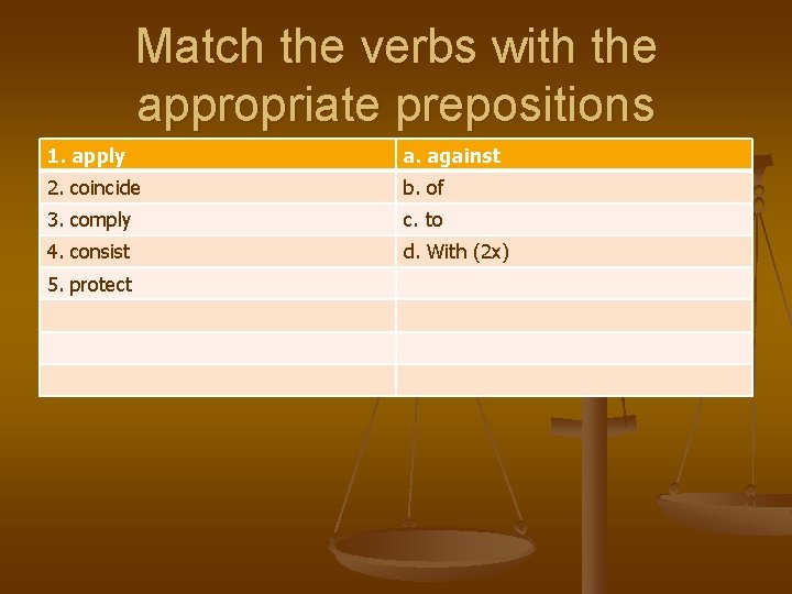 Match the verbs with the appropriate prepositions 1. apply a. against 2. coincide b.