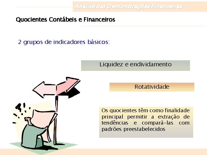Análise das Demonstrações Financeiras Quocientes Contábeis e Financeiros 2 grupos de indicadores básicos: Liquidez