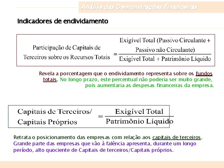 Análise das Demonstrações Financeiras Indicadores de endividamento Revela a porcentagem que o endividamento representa