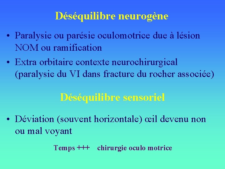 Déséquilibre neurogène • Paralysie ou parésie oculomotrice due à lésion NOM ou ramification •