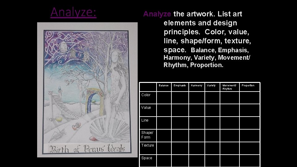 Analyze: Analyze the artwork. List art elements and design principles. Color, value, line, shape/form,