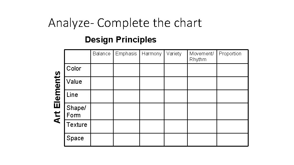 Analyze- Complete the chart Design Principles Art Elements Balance Color Value Line Shape/ Form Analyze- Complete the chart Design Principles Art Elements Balance Color Value Line Shape/ Form