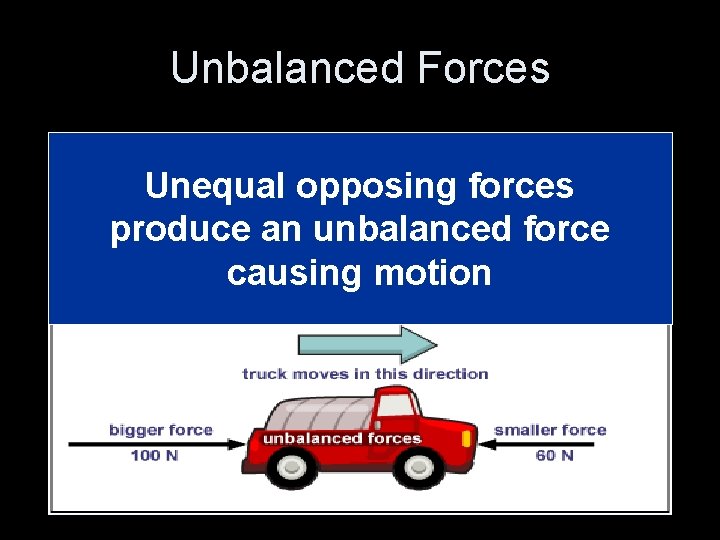 Unbalanced Forces Unequal opposing forces produce an unbalanced force causing motion 