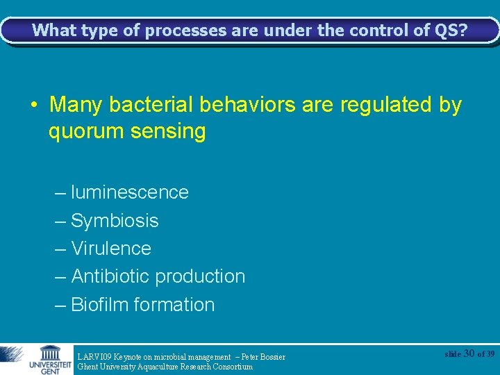 What type of processes are under the control of QS? • Many bacterial behaviors