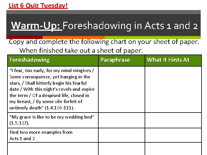 List 6 Quiz Tuesday! Warm-Up: Foreshadowing in Acts 1 and 2 Copy and complete