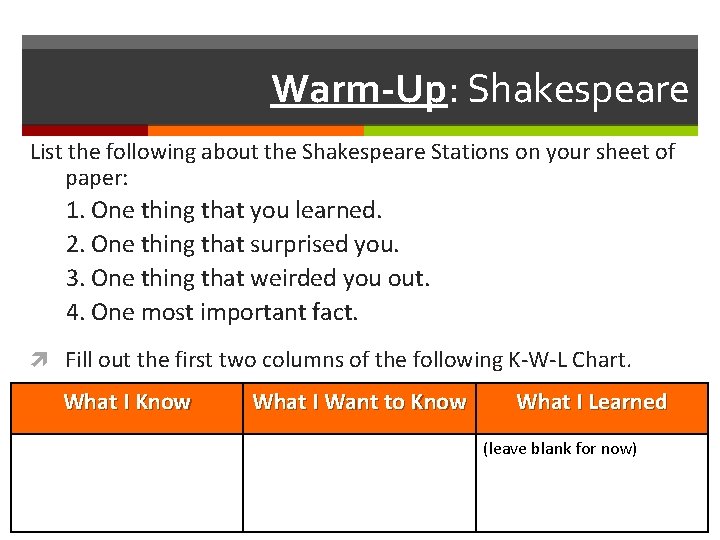 Warm-Up: Shakespeare List the following about the Shakespeare Stations on your sheet of paper: