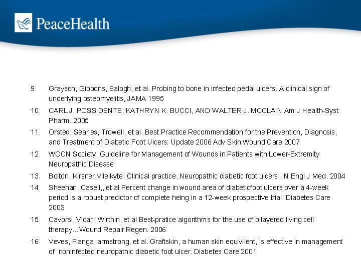 9. Grayson, Gibbons, Balogh, et al. Probing to bone in infected pedal ulcers. A