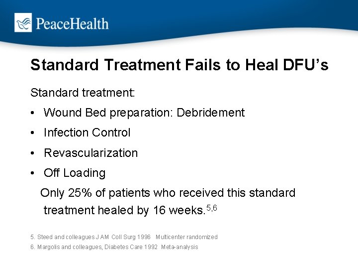 Standard Treatment Fails to Heal DFU’s Standard treatment: • Wound Bed preparation: Debridement •