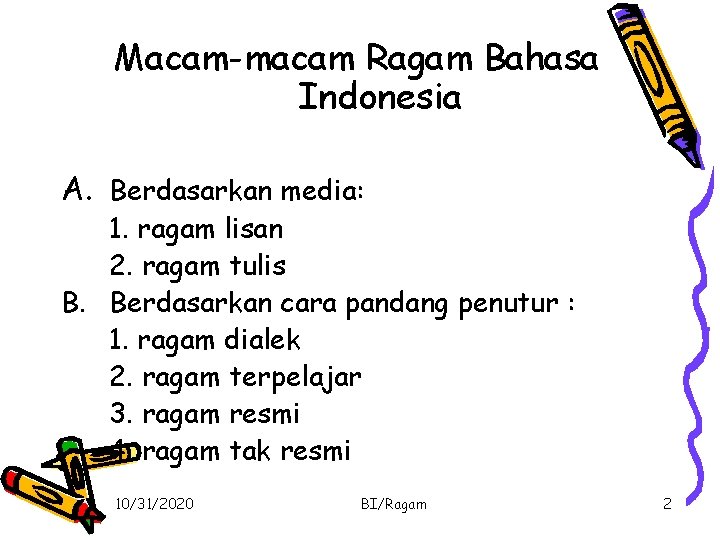 Macam-macam Ragam Bahasa Indonesia A. Berdasarkan media: 1. ragam lisan 2. ragam tulis B.