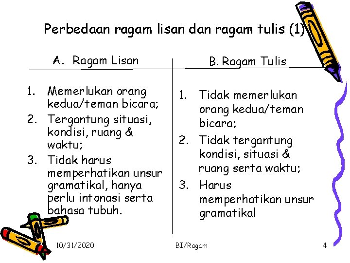 Perbedaan ragam lisan dan ragam tulis (1) A. Ragam Lisan 1. Memerlukan orang kedua/teman