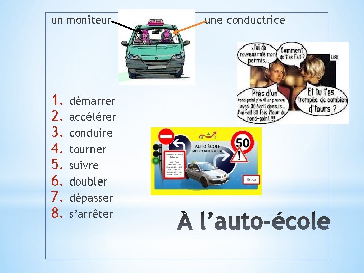 un moniteur 1. 2. 3. 4. 5. 6. 7. 8. démarrer accélérer conduire tourner