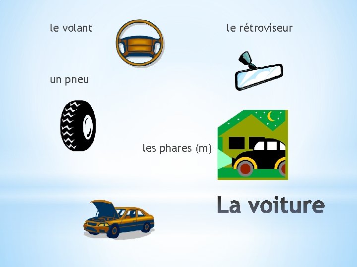 le volant le rétroviseur un pneu les phares (m) 