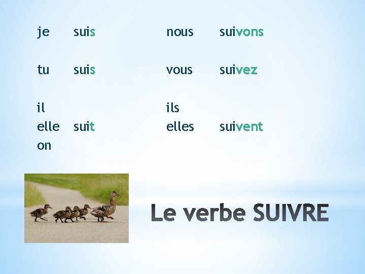 je suis nous suivons tu suis vous suivez suit ils elles suivent il elle