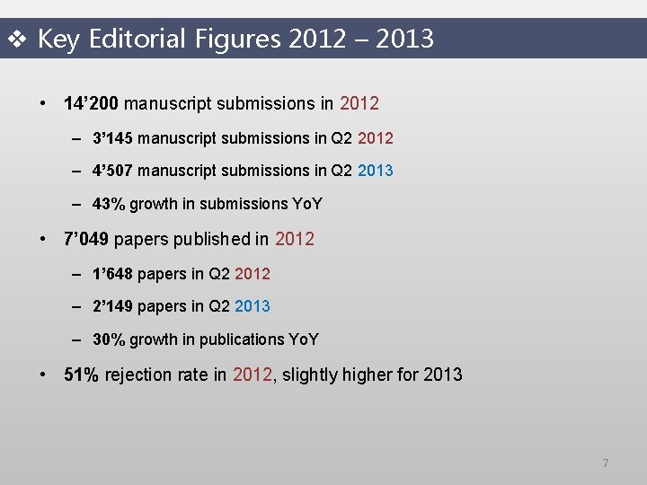 v Key Editorial Figures 2012 – 2013 • 14’ 200 manuscript submissions in 2012