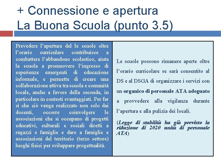 + Connessione e apertura La Buona Scuola (punto 3. 5) Prevedere l’apertura del le