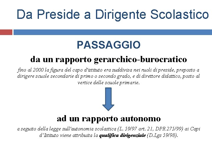 Da Preside a Dirigente Scolastico PASSAGGIO da un rapporto gerarchico-burocratico fino al 2000 la