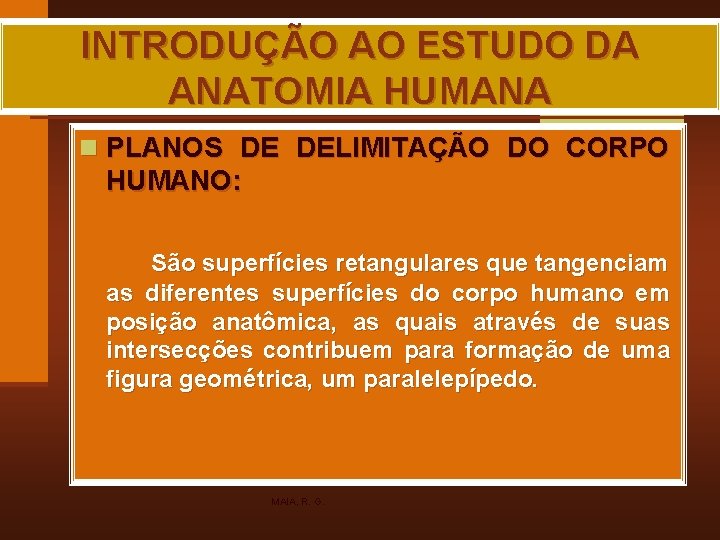 INTRODUÇÃO AO ESTUDO DA ANATOMIA HUMANA n PLANOS DE DELIMITAÇÃO DO CORPO HUMANO: São