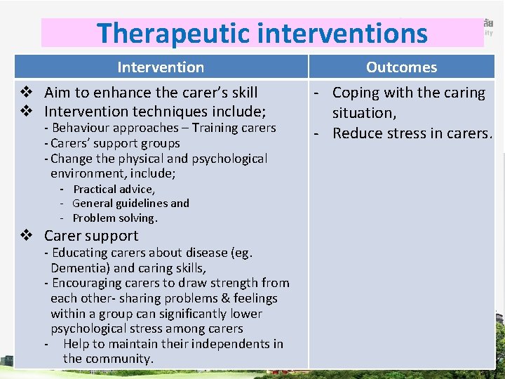 Therapeutic interventions Intervention v Aim to enhance the carer’s skill v Intervention techniques include;