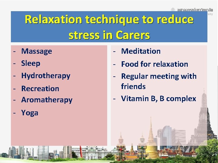 Relaxation technique to reduce stress in Carers - Massage - Sleep - Hydrotherapy -