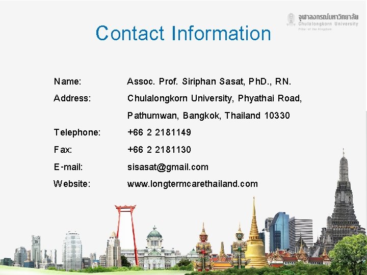 Contact Information Name: Address: Telephone: Fax: E-mail: Website: Assoc. Prof. Siriphan Sasat, Ph. D.