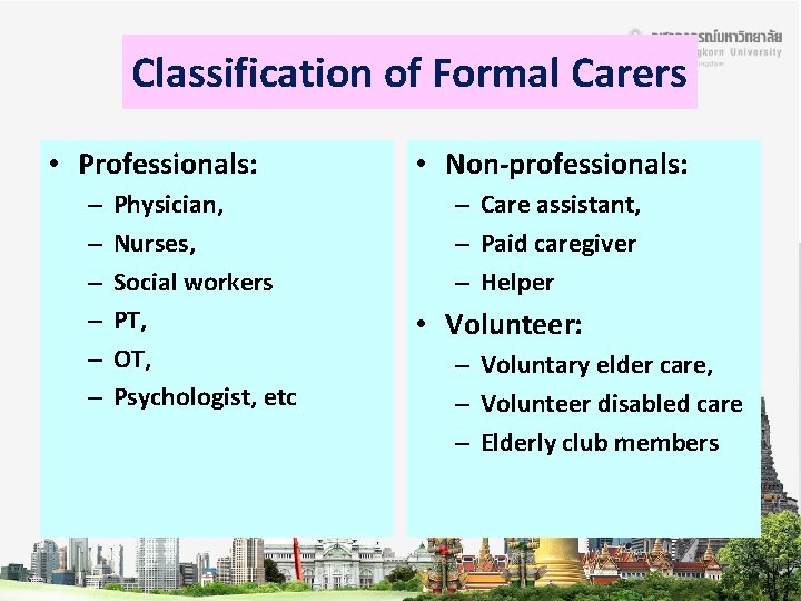Classification of Formal Carers • Professionals: – – – Physician, Nurses, Social workers PT,