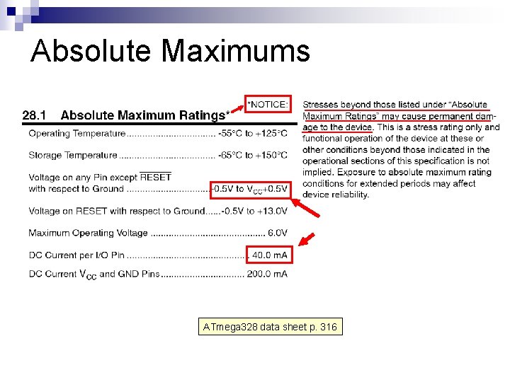 Absolute Maximums ATmega 328 data sheet p. 316 