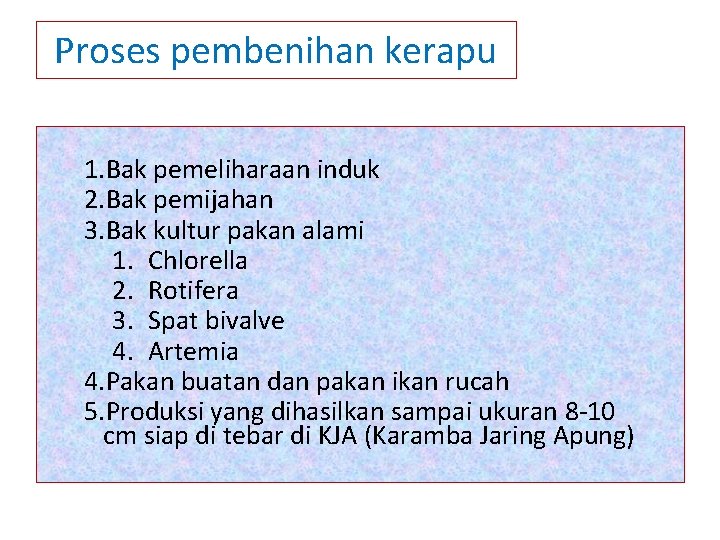 Proses pembenihan kerapu 1. Bak pemeliharaan induk 2. Bak pemijahan 3. Bak kultur pakan