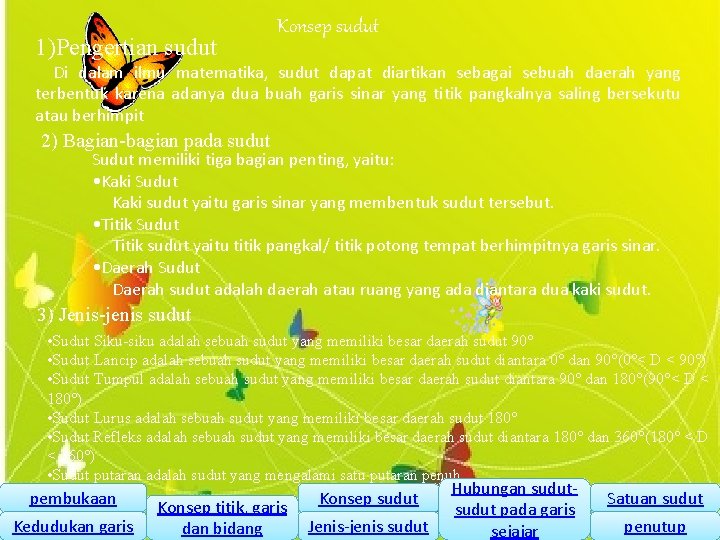 1)Pengertian sudut Konsep sudut Di dalam ilmu matematika, sudut dapat diartikan sebagai sebuah daerah