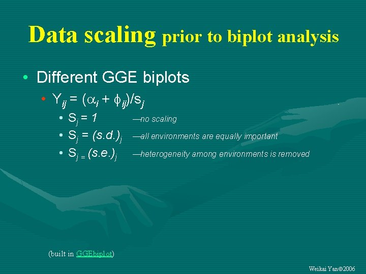 Data scaling prior to biplot analysis • Different GGE biplots • Yij = (