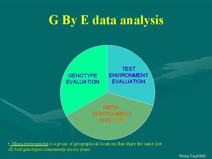 G By E data analysis GENOTYPE EVALUATION TEST ENVIRONMENT EVALUATION MEGAENVIRONMENT ANALYSIS • Mega-environment