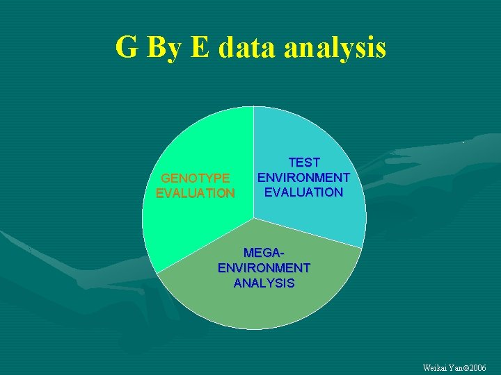 G By E data analysis GENOTYPE EVALUATION TEST ENVIRONMENT EVALUATION MEGAENVIRONMENT ANALYSIS Weikai Yan