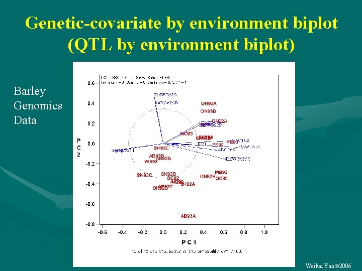 Genetic-covariate by environment biplot (QTL by environment biplot) Barley Genomics Data Weikai Yan 2006
