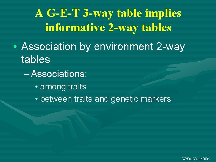 A G-E-T 3 -way table implies informative 2 -way tables • Association by environment