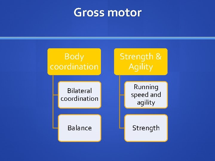 Gross motor Body coordination Strength & Agility Bilateral coordination Running speed and agility Balance