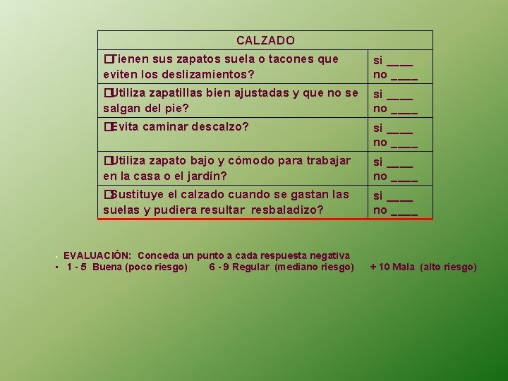 CALZADO �Tienen sus zapatos suela o tacones que eviten los deslizamientos? si ____ no