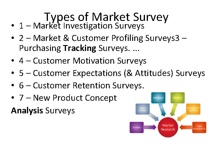 Types of Market Survey • 1 – Market Investigation Surveys • 2 – Market