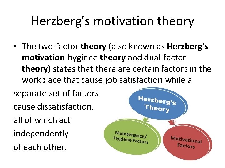 Herzberg's motivation theory • The two-factor theory (also known as Herzberg's motivation-hygiene theory and