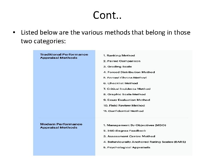 Cont. . • Listed below are the various methods that belong in those two