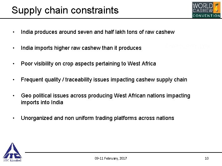Supply chain constraints • India produces around seven and half lakh tons of raw