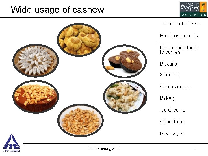 Wide usage of cashew Traditional sweets Breakfast cereals Homemade foods to curries Biscuits Snacking