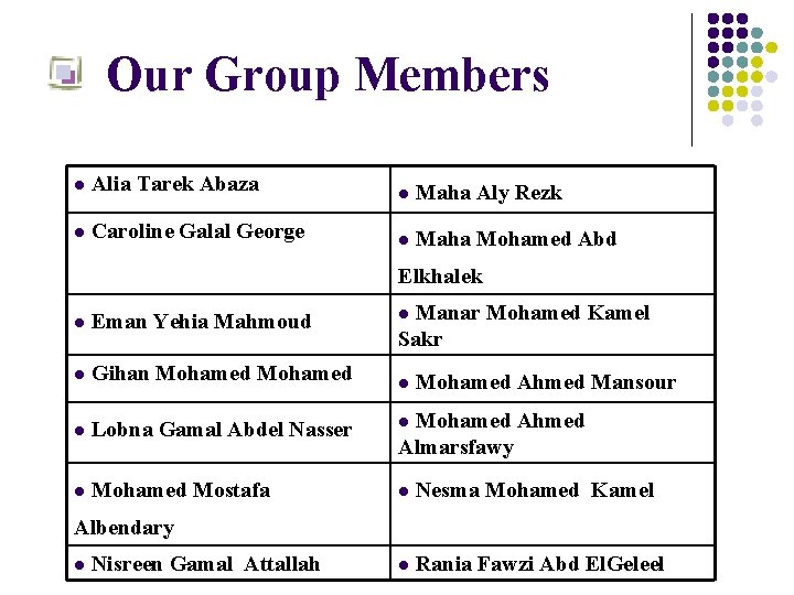  Our Group Members l Alia Tarek Abaza l Caroline Galal George l Maha