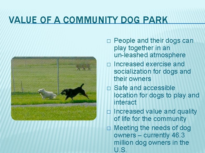 VALUE OF A COMMUNITY DOG PARK � � � People and their dogs can