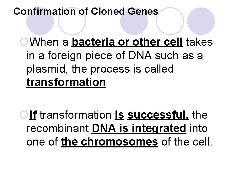Confirmation of Cloned Genes ¡When a bacteria or other cell takes in a foreign